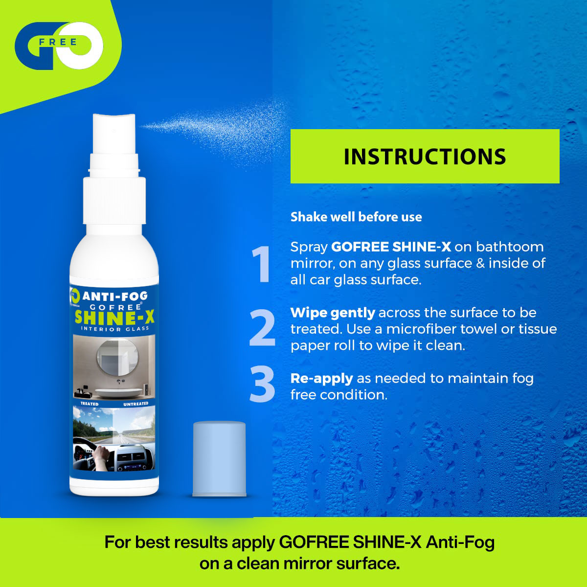 GOFREE Shine - X Anti Fog Spray for Car Interior Glass & Bathroom Mirror (100ml)