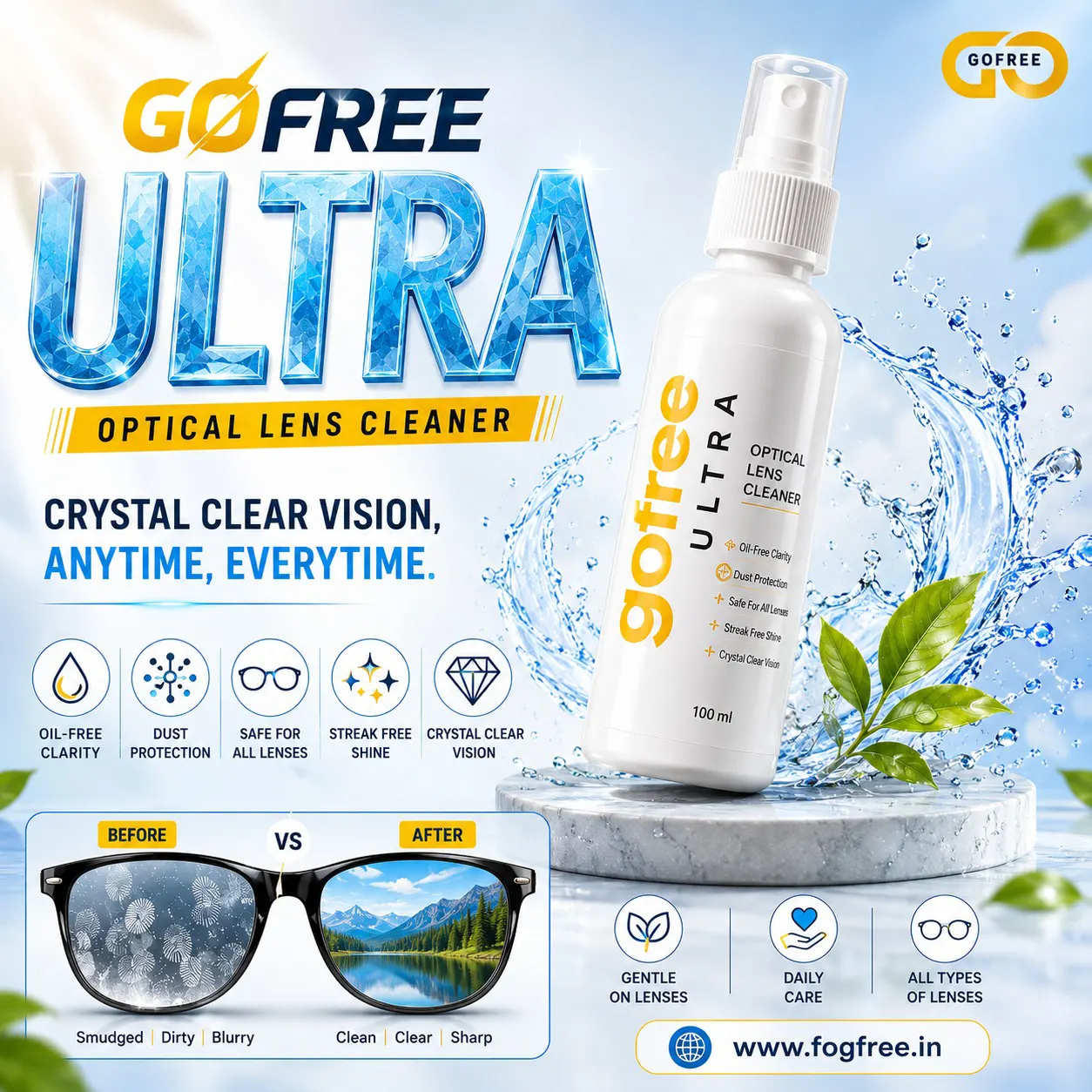 Anti Smudge Glasses Cleaner in India – Keep Your Lenses Crystal Clear with GoFree Ultra Cleaning Solution