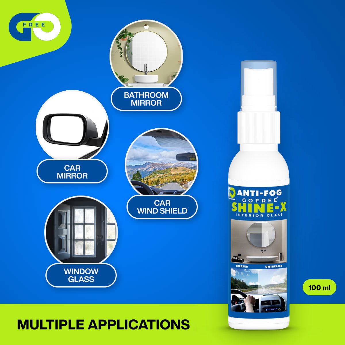 GOFREE Shine - X Anti-Fog Spray for Car Interior Glass and Bathroom Mirror - Try a Tester for free pay only 50 for shipping
