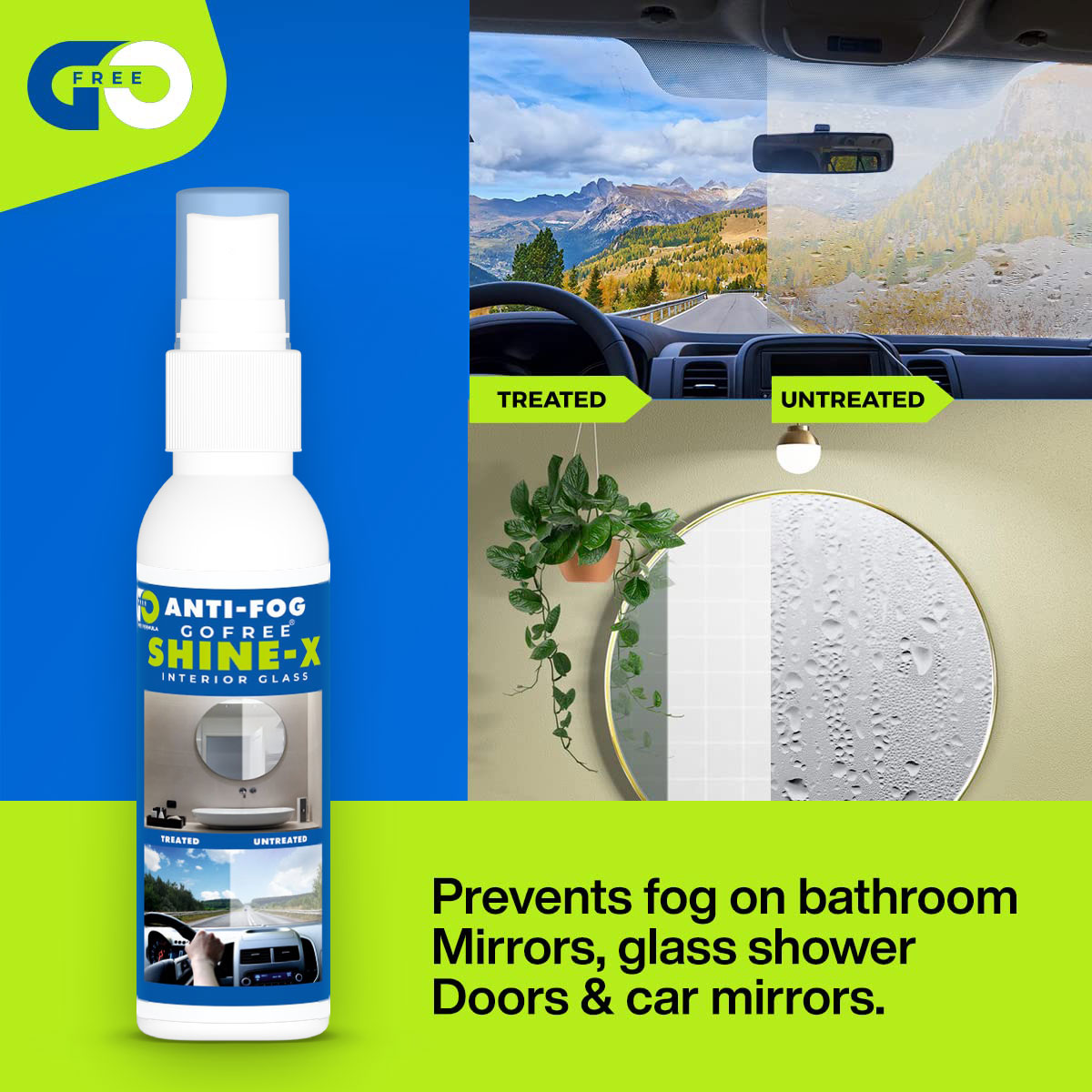 GOFREE Shine - X Anti Fog Spray for Car Interior Glass & Bathroom Mirror Single Pack of 2  (100ML+100ML)